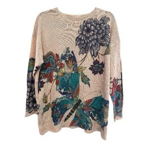 Floral & Butterfly Print Cream Colored Crew Neck Sweater Large